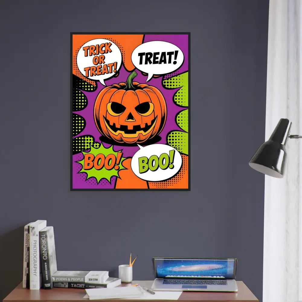 Halloween pop art poster featuring Trick-or-Treat Pumpkin wall art in vibrant pop art style