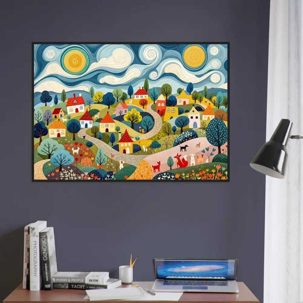 Colorful village landscape painting displayed in Framed Poster Hillside Harmony by PixiOnyx