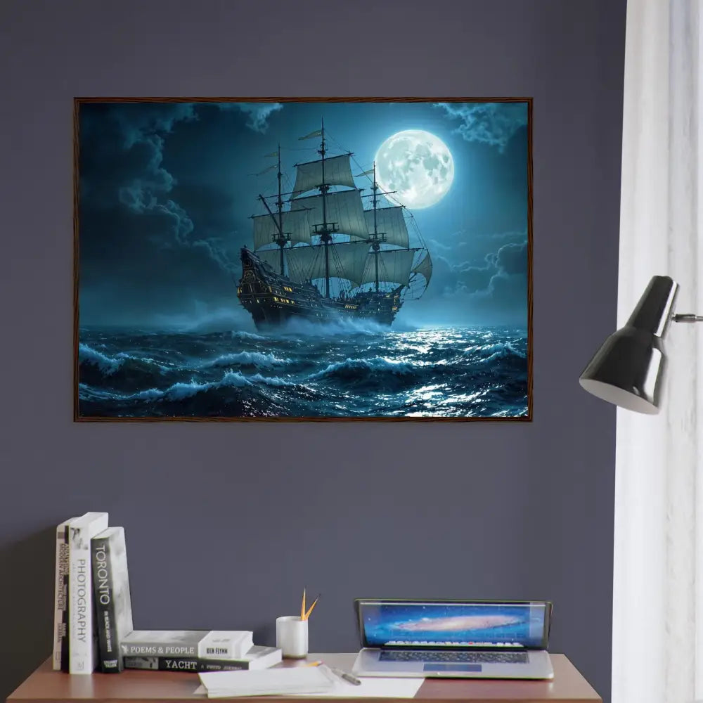 Framed ship painting artwork displayed in the Moonlit Majesty PixiOnyx Nautical Dreamscape poster