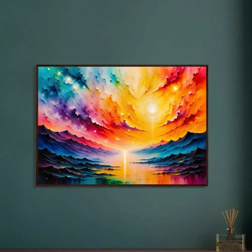 Vibrant abstract landscape painting in a brown frame showcasing Radiant Horizon design