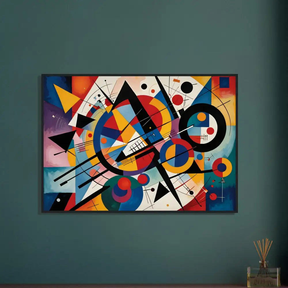 Abstract geometric painting displayed in Framed Poster Rhythmic Geometry by PixiOnyx