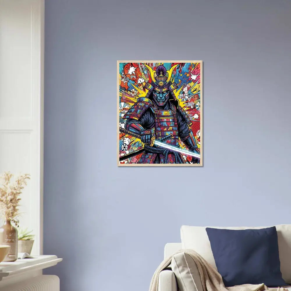 Vibrant framed Samurai Splash poster on sustainably sourced wood from PixiOnyx Wall Warrior Series