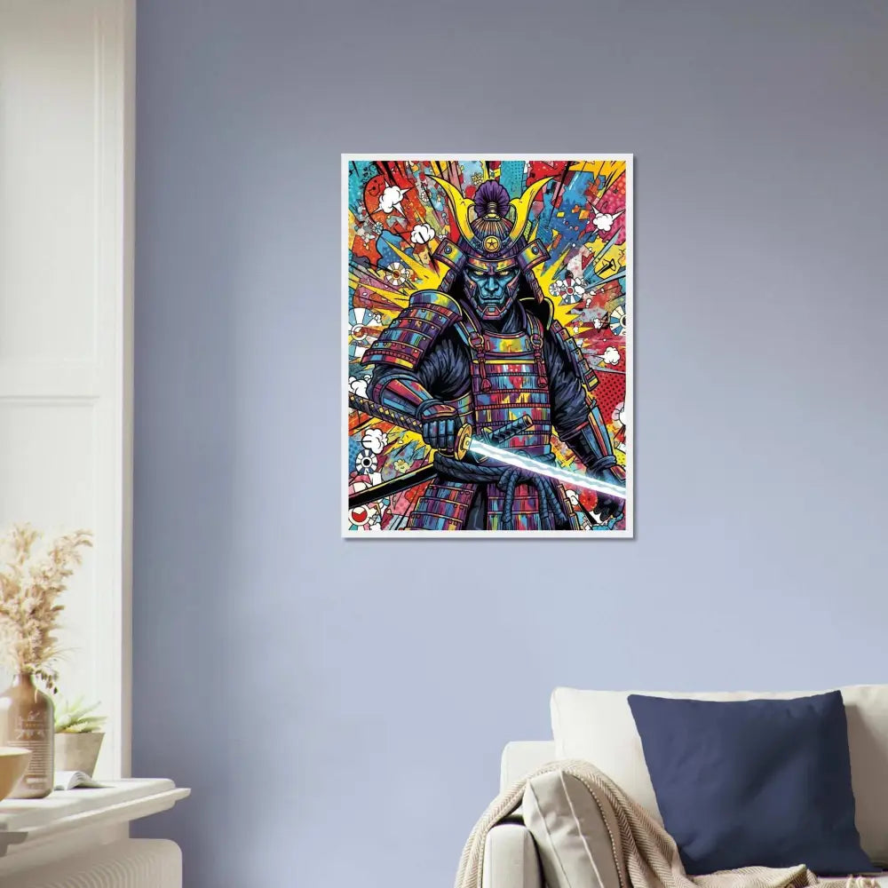 Vibrant pop art style samurai splash poster on sustainably sourced wood for PixiOnyx Wall Warrior Series