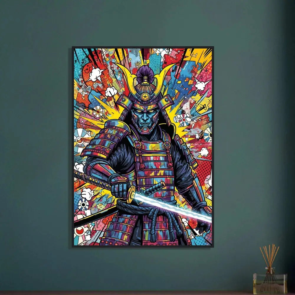 Colorful pop art Samurai splash poster with glowing katana on sustainably sourced wood wall art