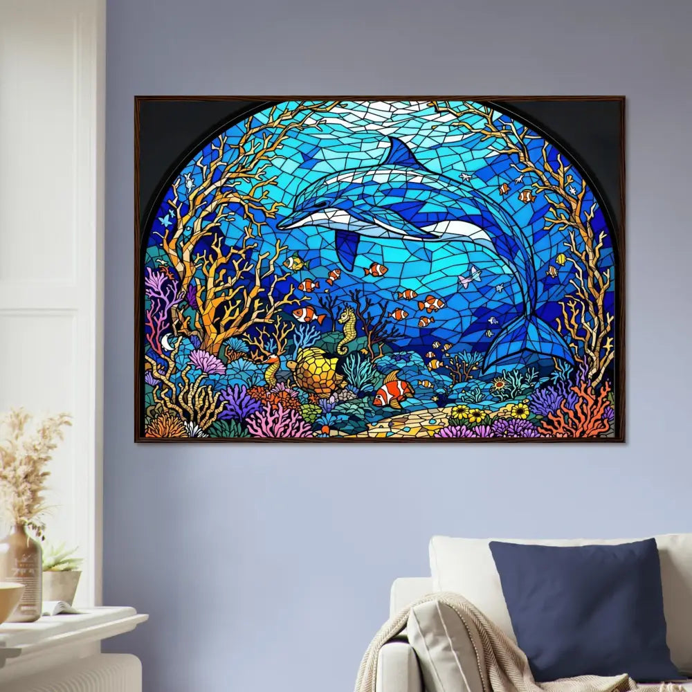 Dolphin stained glass artwork in framed poster Sea Cathedral PixiOnyx Oceanlight Relic
