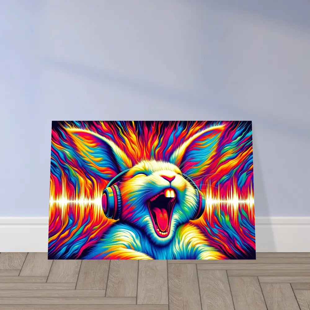 Colorful rabbit with headphones art on framed poster Sonic Scream by PixiOnyx Electric