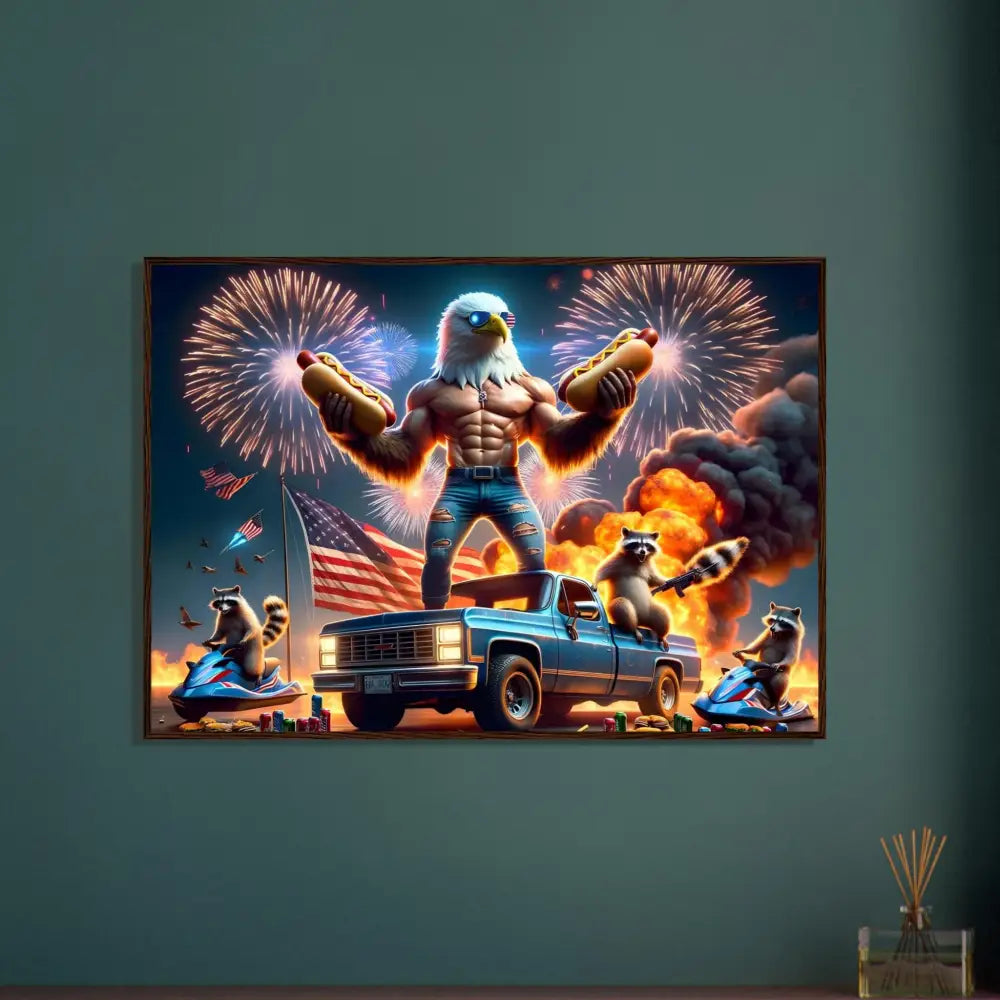 Framed patriotic cartoon art poster with stars, stripes, and flaming hot dogs in Americana style