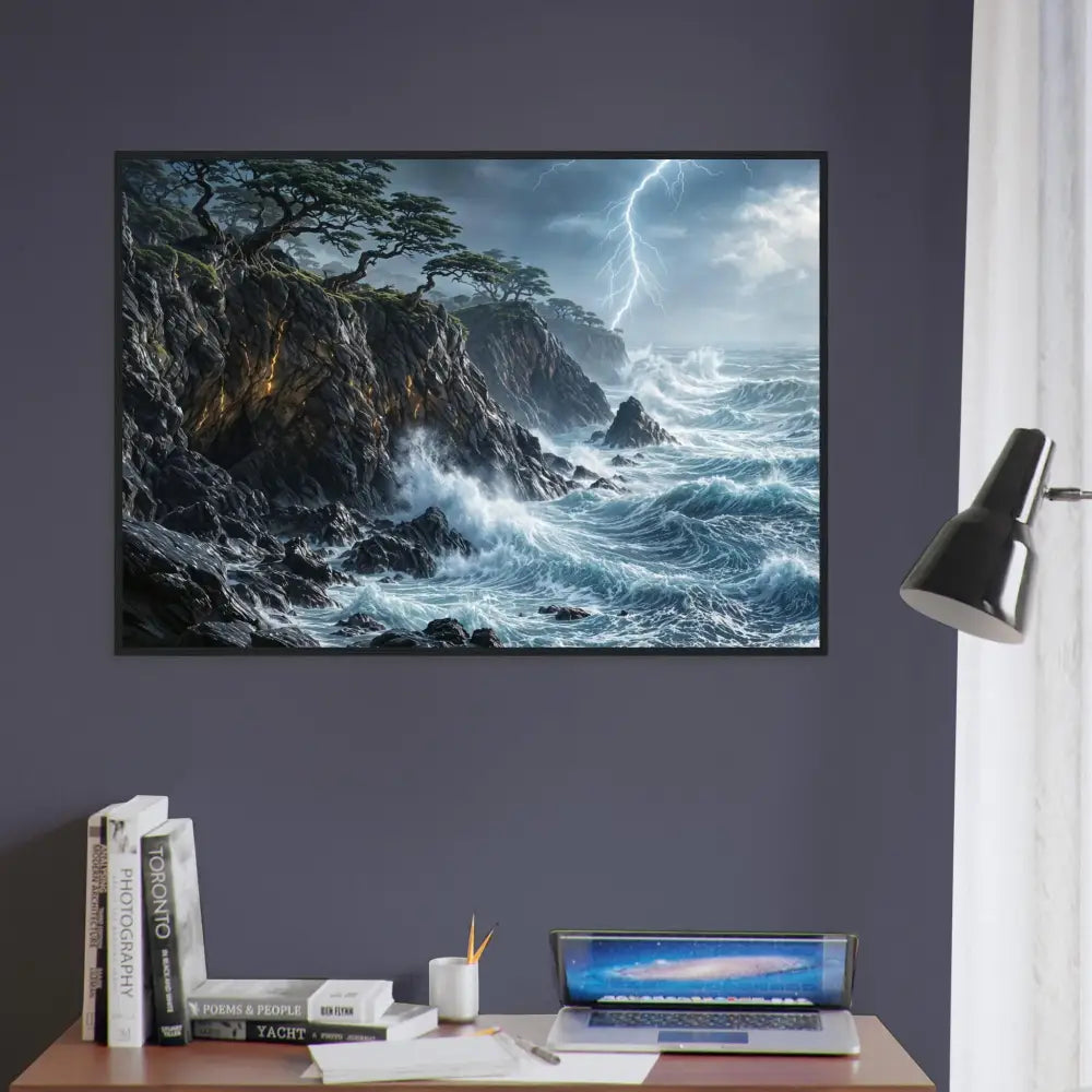 Sturdy wooden framed poster of stormy sea with crashing waves and lightning over rocky coast