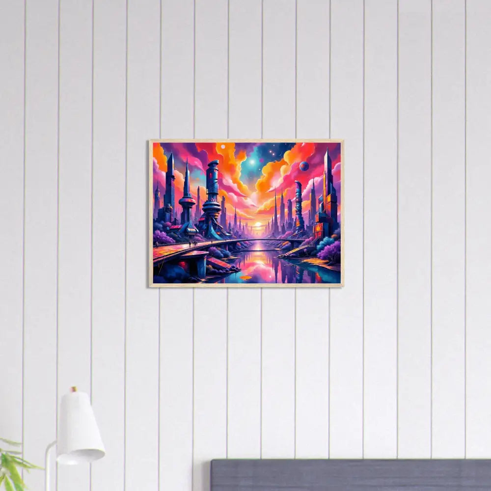 Vivid cosmic skyline surges as futuristic towers collide in a colorful sunset cityscape poster