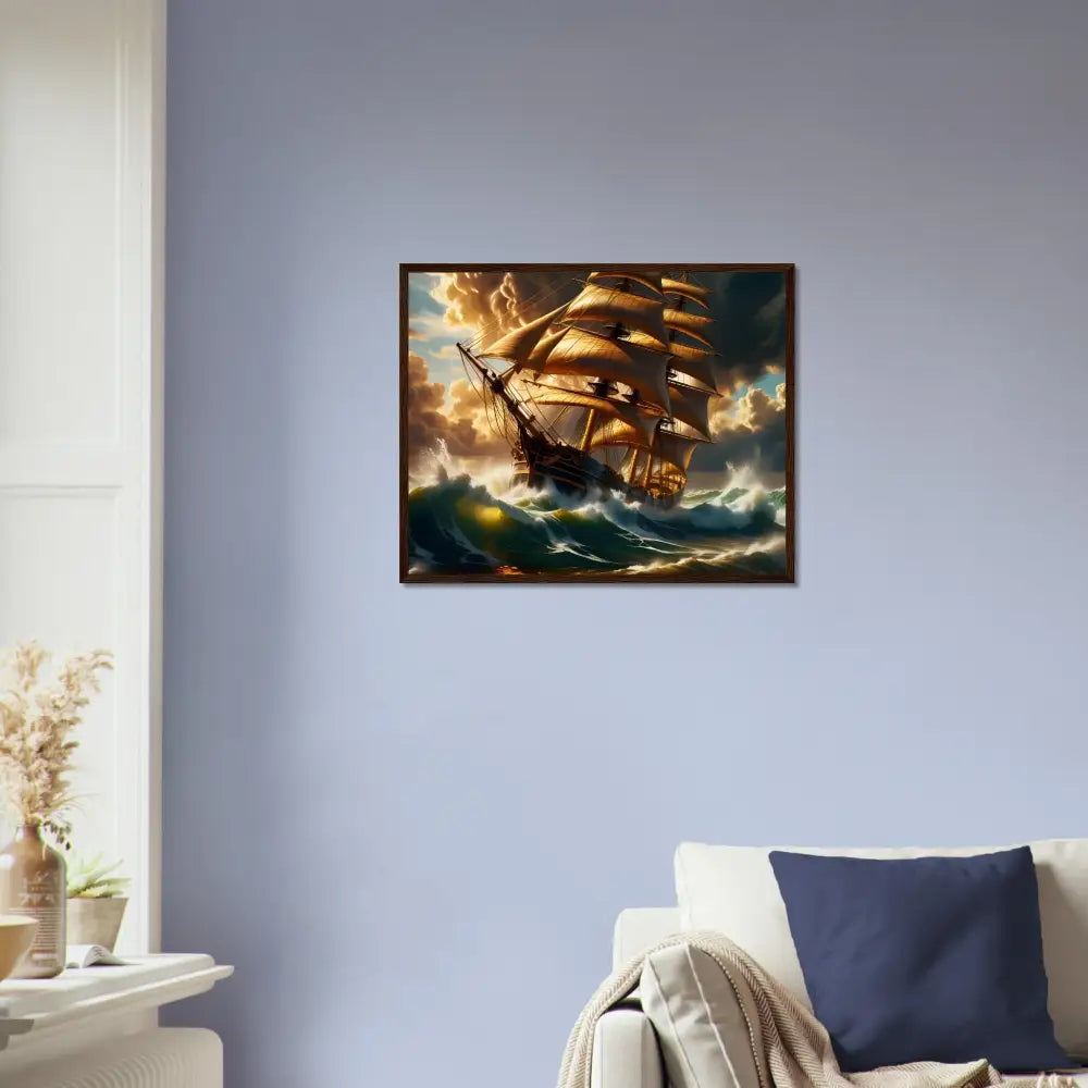 Framed painting of a sailing ship in stormy seas displayed in PixiOnyx Nautical Frame