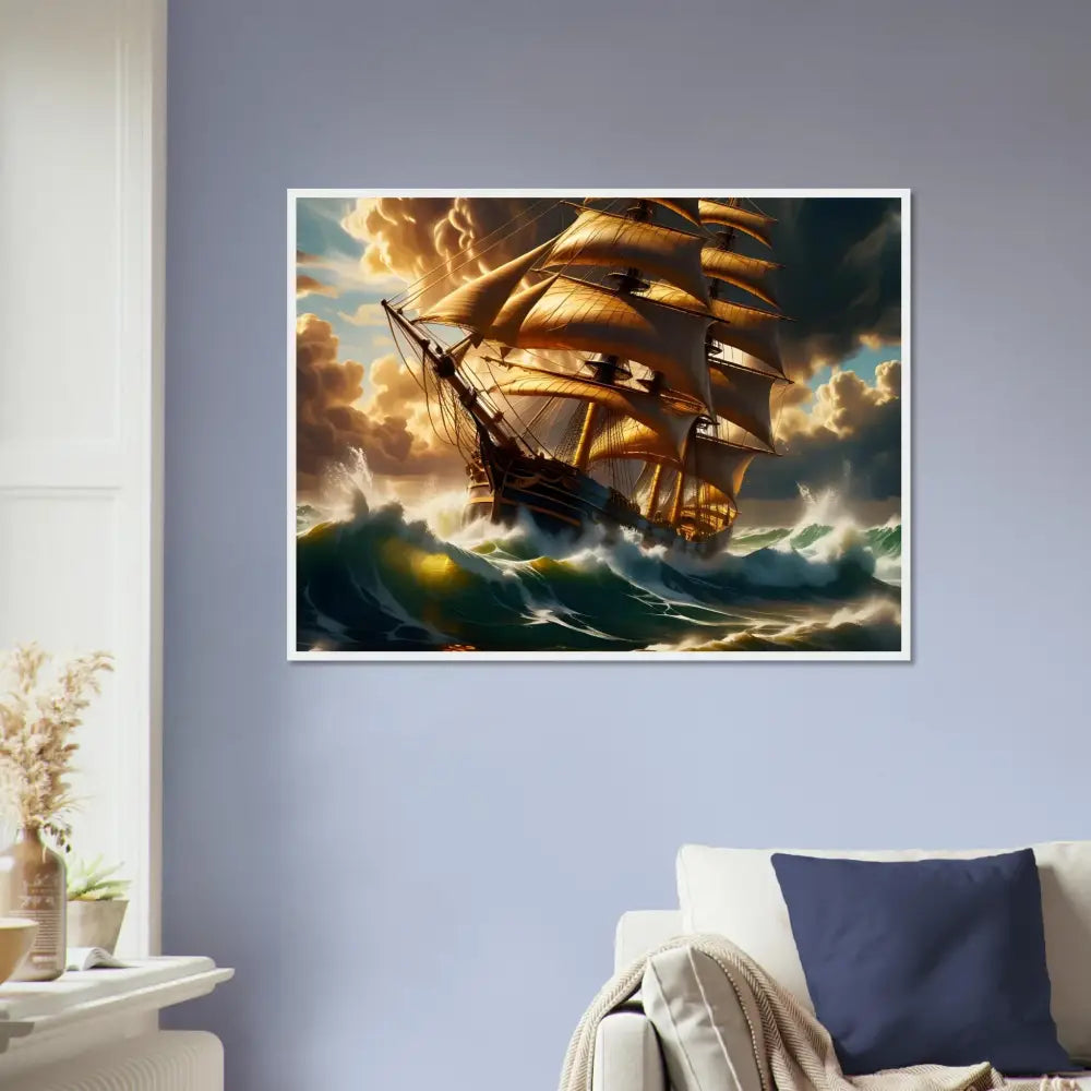 Framed poster of a sailing ship in stormy seas in PixiOnyx Nautical Statement Frame