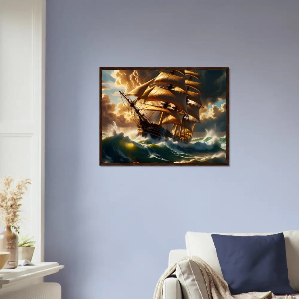 Framed painting of a sailing ship in stormy seas for Tempestbound Sovereign poster display