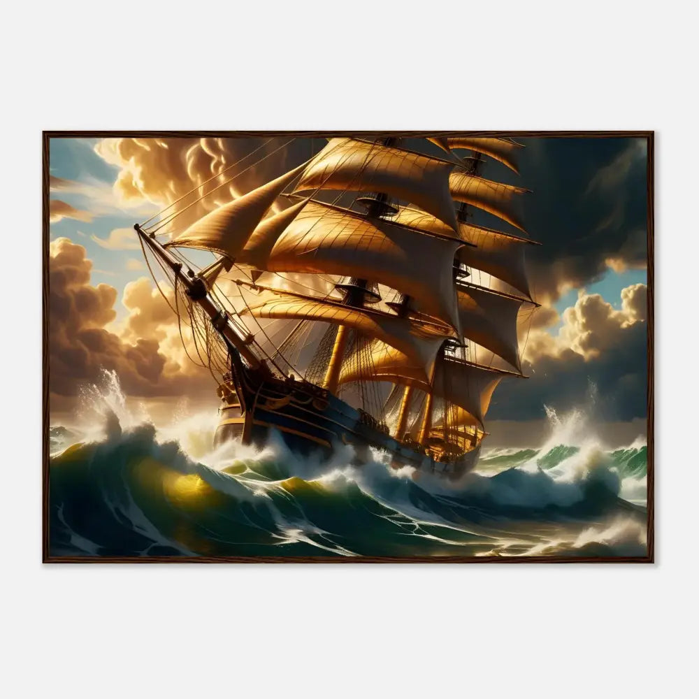 Framed poster of a sailing ship in stormy seas in PixiOnyx nautical statement frame
