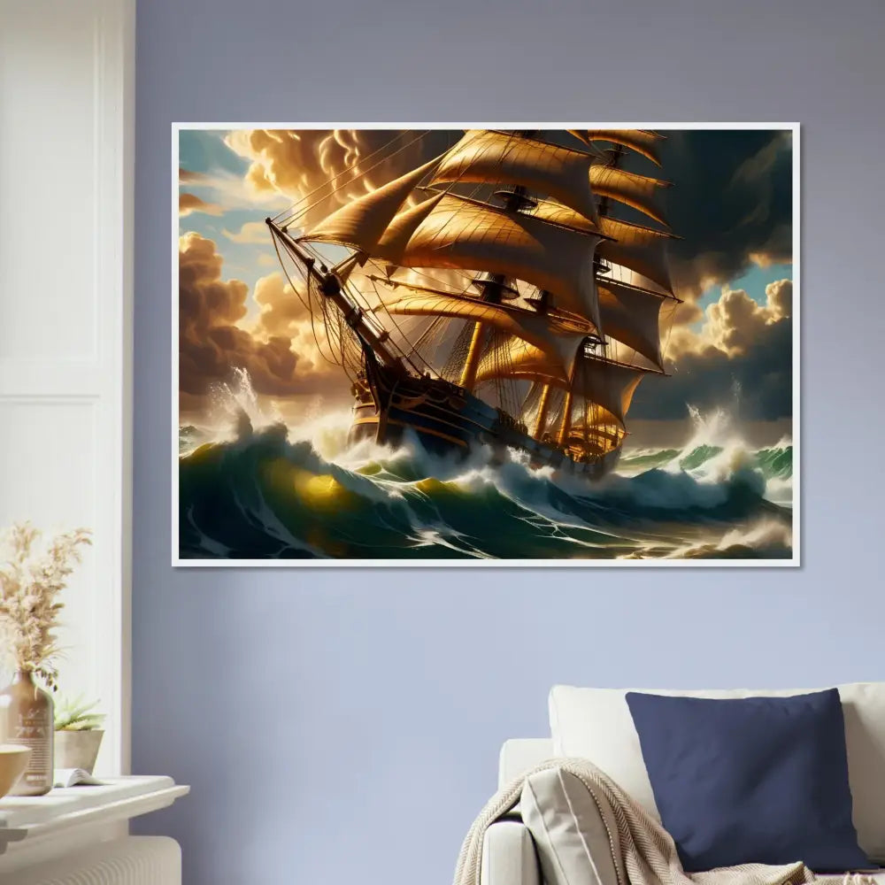 Framed painting of a ship in stormy seas from Tempestbound Sovereign nautical poster