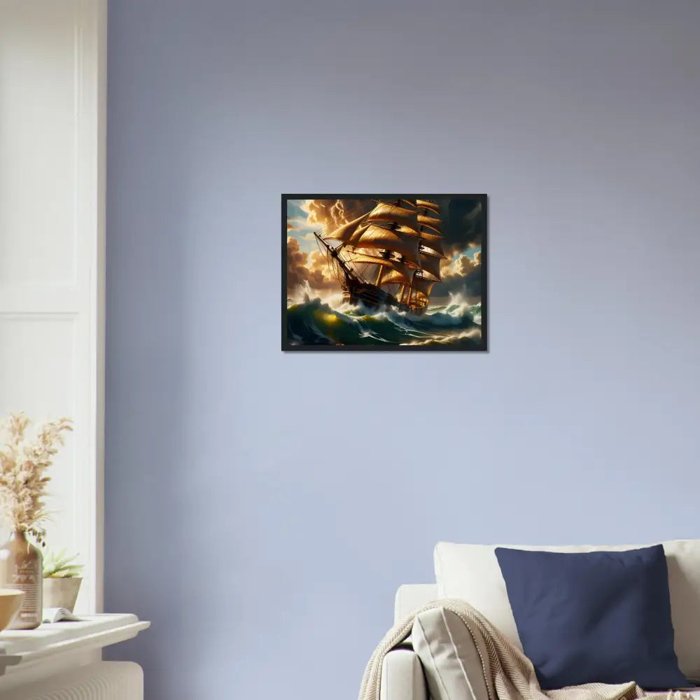 Framed sailing ship painting displayed in PixiOnyx Nautical Statement Frame