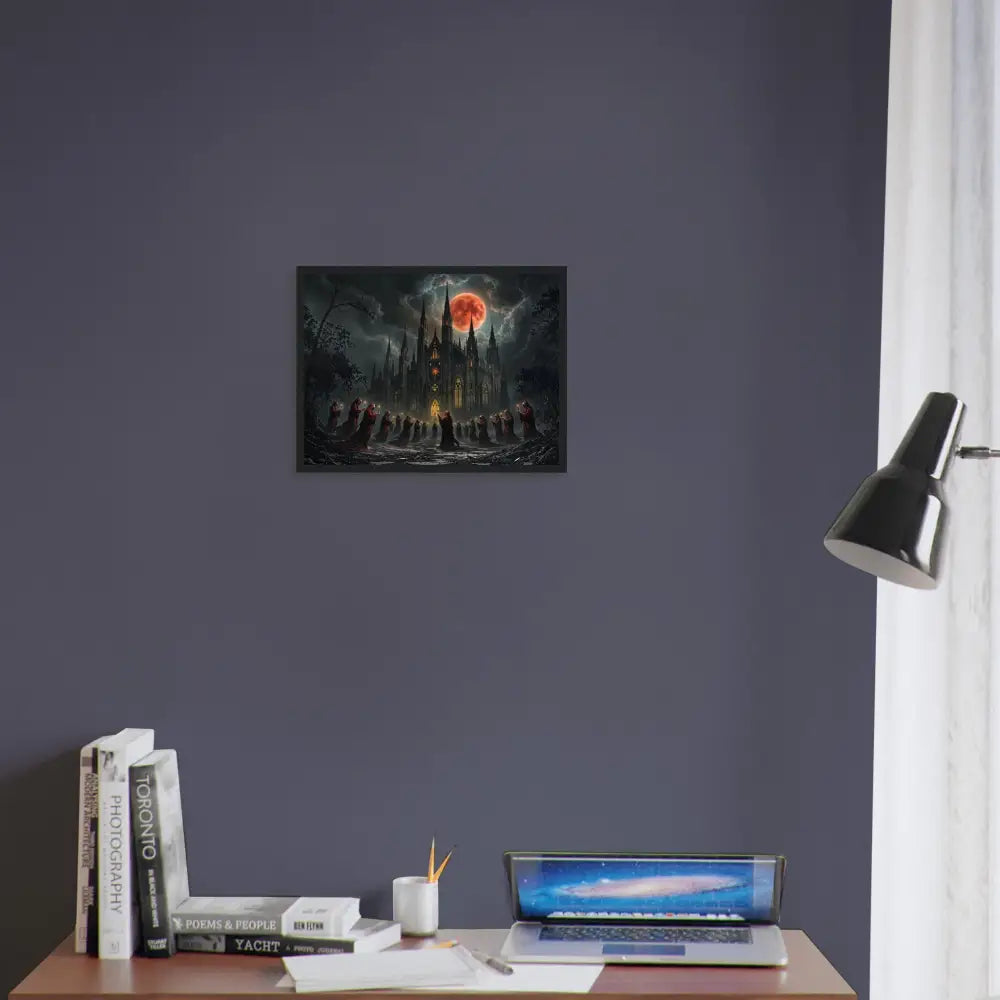 Gothic castle illuminated under a blood moon framed poster The Crimson Liturgy PixiOnyx Macabre
