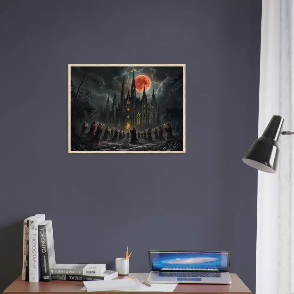 Framed Gothic castle artwork displayed in PixiOnyx Macabre Poster The Crimson Liturgy