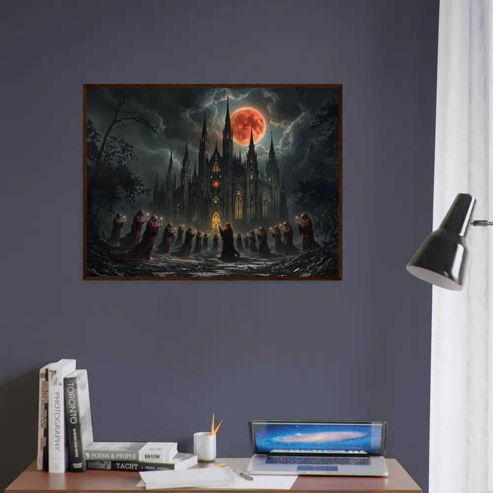 Framed gothic castle painting displayed on The Crimson Liturgy PixiOnyx Macabre Poster
