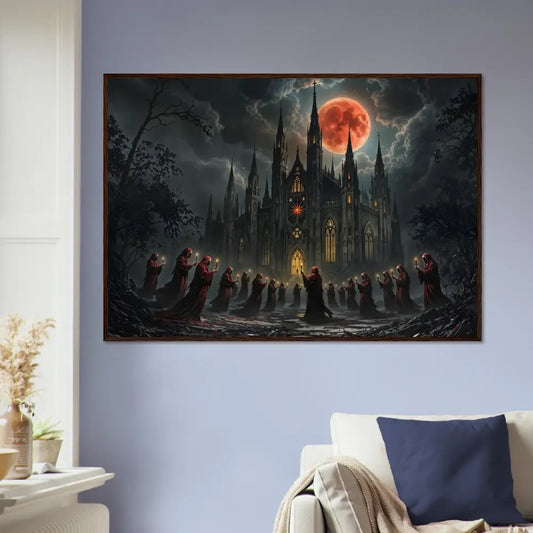 Framed gothic cathedral painting displayed on PixiOnyx Macabre Poster The Crimson Liturgy