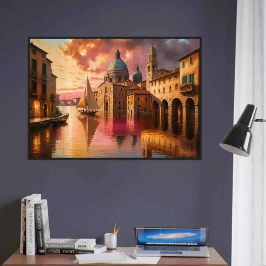 Framed Venetian Reverie poster depicting vibrant sunset over European canal city