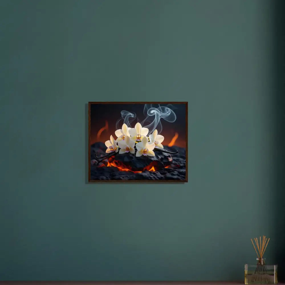 Framed floral and fire art displayed in Volcanic Vanilla PixiOnyx Nature Fusion poster