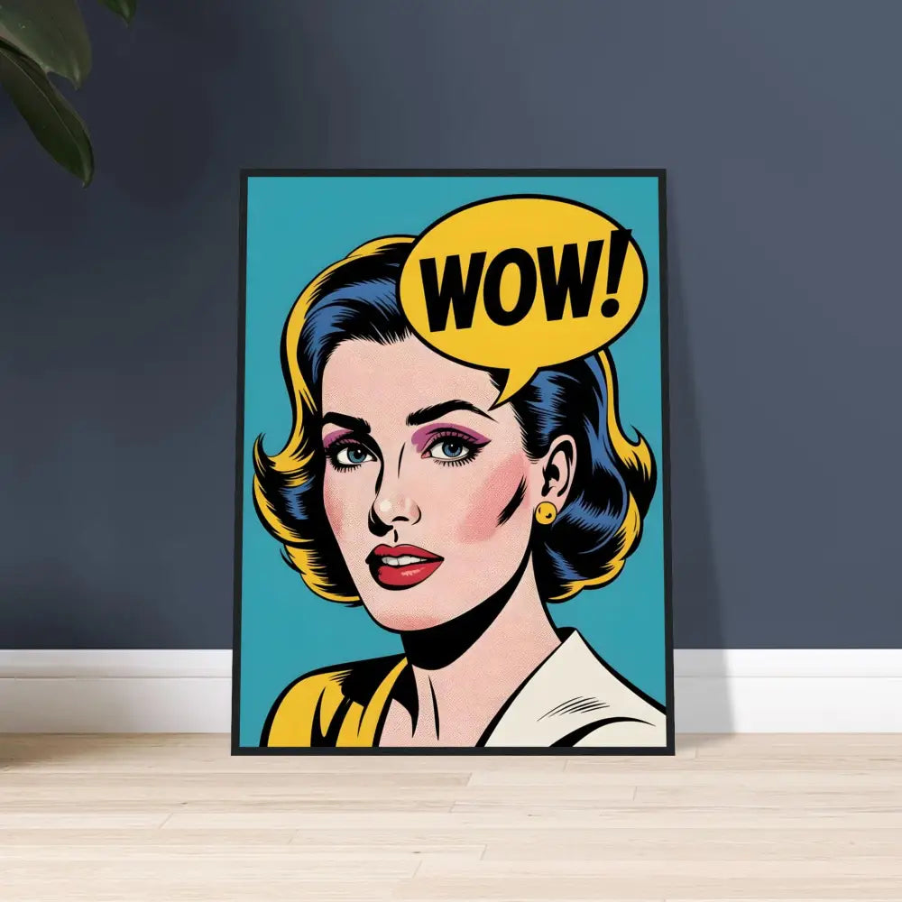 Pop art woman portrait framed poster displayed in PixiOnyx Retro Pop Display