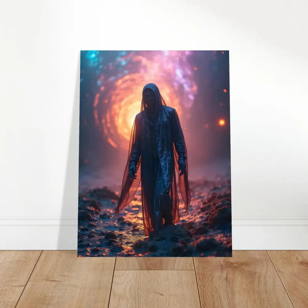 Hooded figure before a cosmic portal framed shadowwalker art PixiOnyx matte print