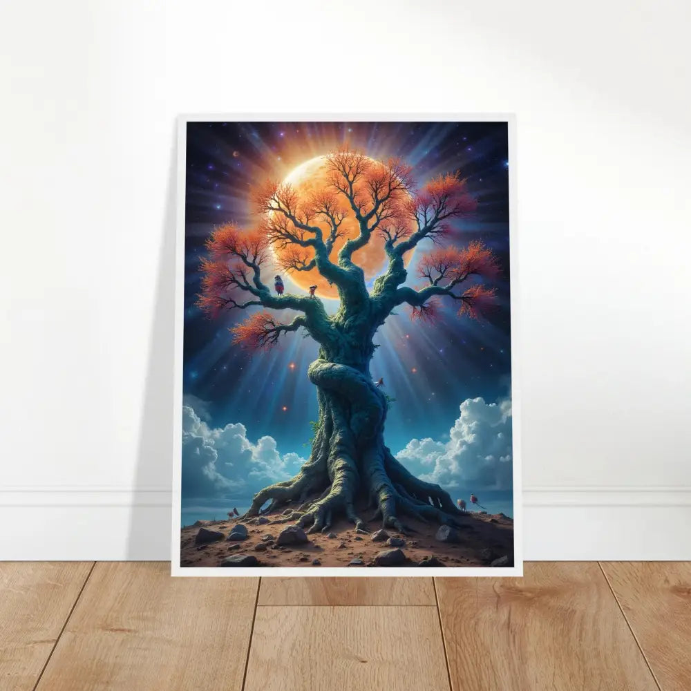 Framed Tree of Light Art Print with Cosmic Roots on PixiOnyx Matte Paper