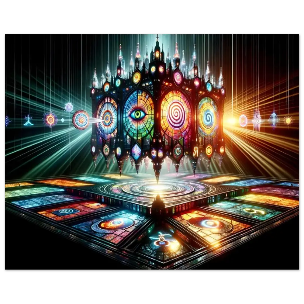 Ornate stained-glass cathedral displayed in Framed Visionary Cathedral PixiOnyx Light Shrine Print
