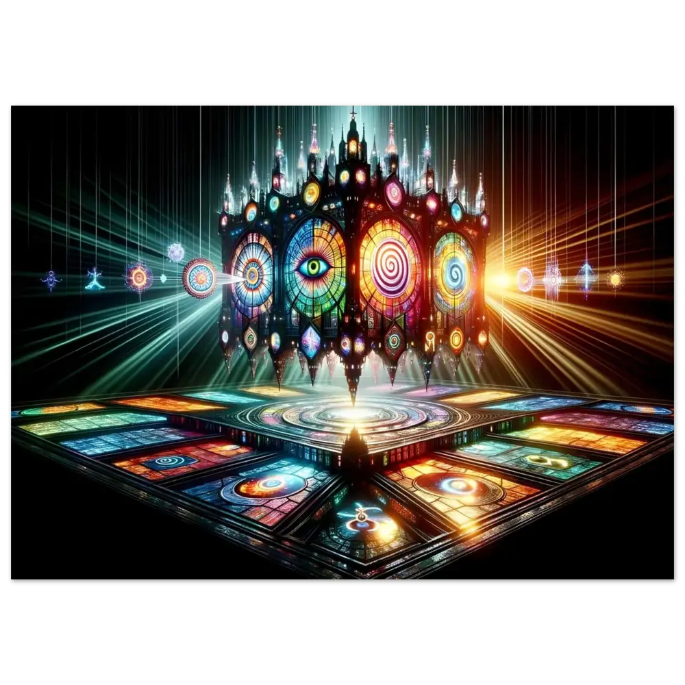Colorful stained-glass structure from Framed Visionary Cathedral PixiOnyx Light Shrine Print