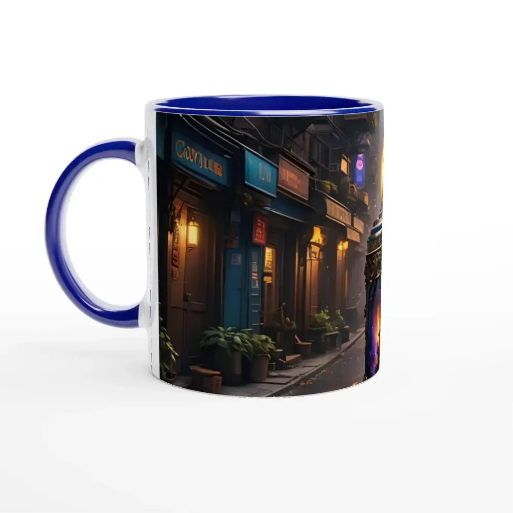 Blue-handled Mug with Street Scene on Galactic Flame 11oz Ceramic Mug PixiOnyx Exclusive