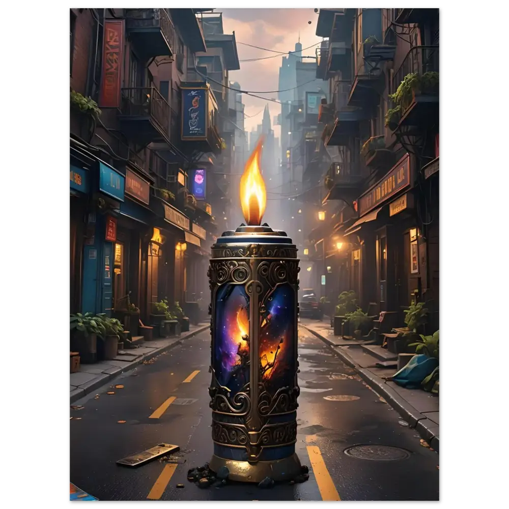 Ornate candle featuring cosmic imagery from Galactic Flame Fine Art Poster PixiOnyx Exclusive