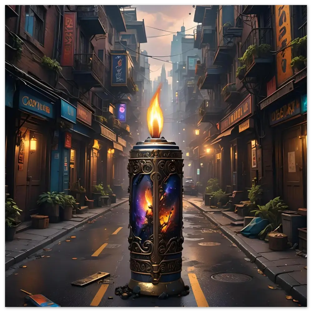 Ornate candle with cosmic imagery on Galactic Flame Metal Print by PixiOnyx Exclusive