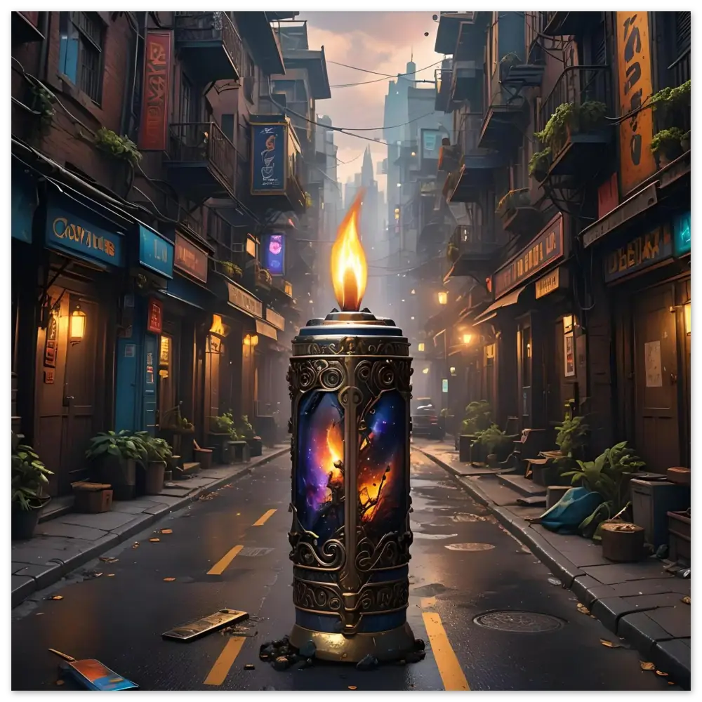 Ornate candle featuring cosmic imagery on Galactic Flame Metal Print PixiOnyx Exclusive