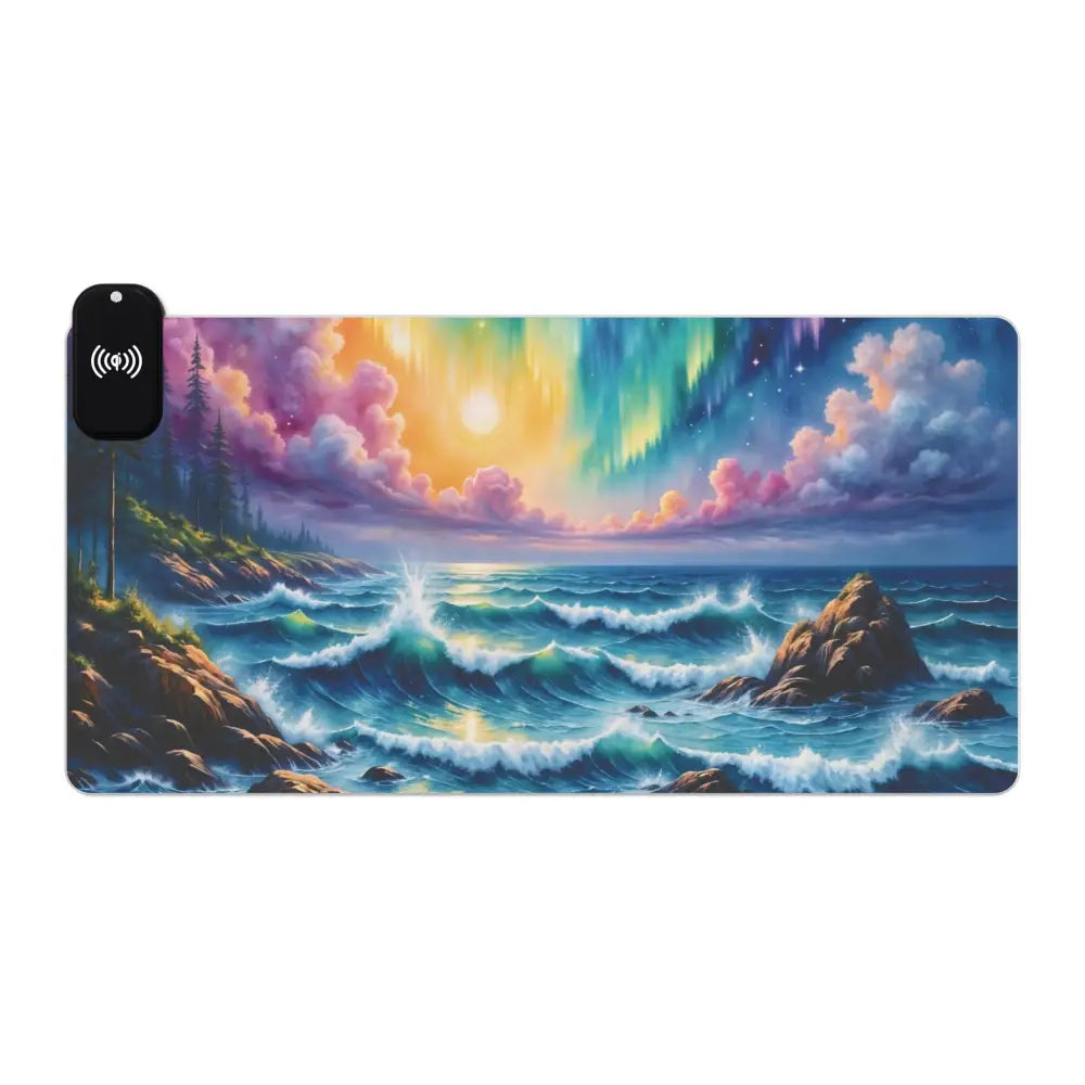 Gaming Mouse Pad Celestial Tide with vibrant aurora borealis ocean wave design and wireless charger