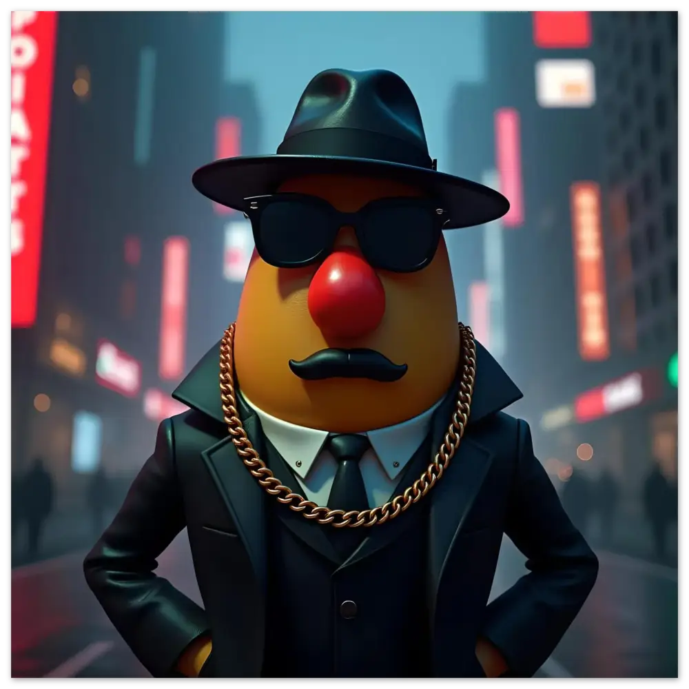 Mr Potato Head wearing a fedora and suit on the Gangster Potato Fine Art Poster by PixiOnyx