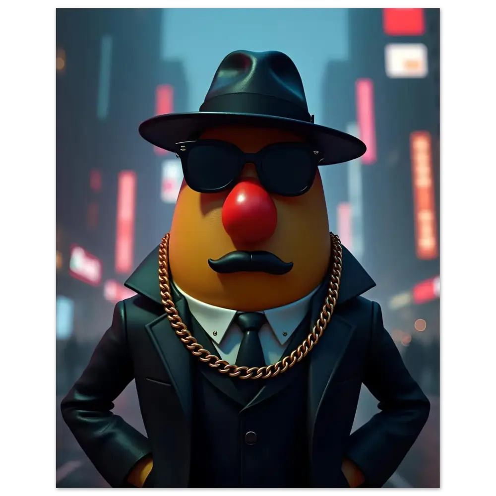 Gangster Mr Potato Head displayed on Gangster Potato Fine Art Poster by PixiOnyx