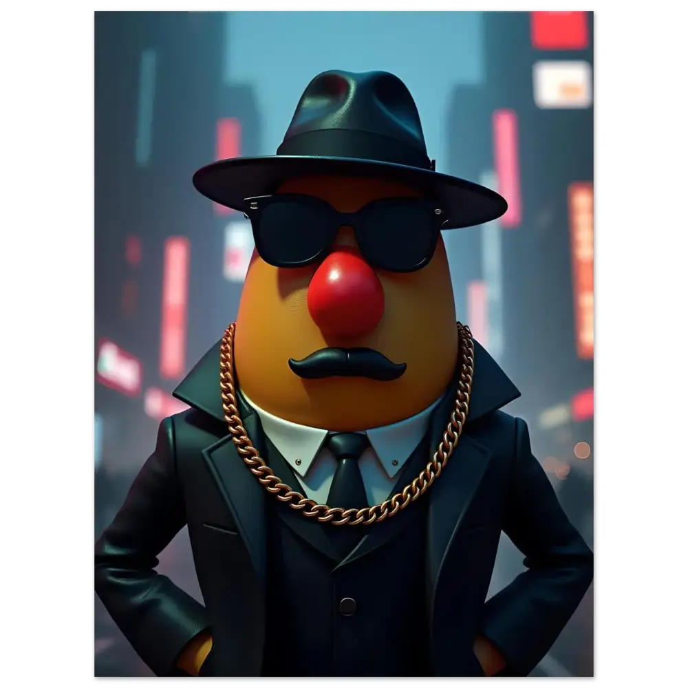 Mr. Potato Head gangster displayed on the Gangster Potato Fine Art Poster from PixiOnyx