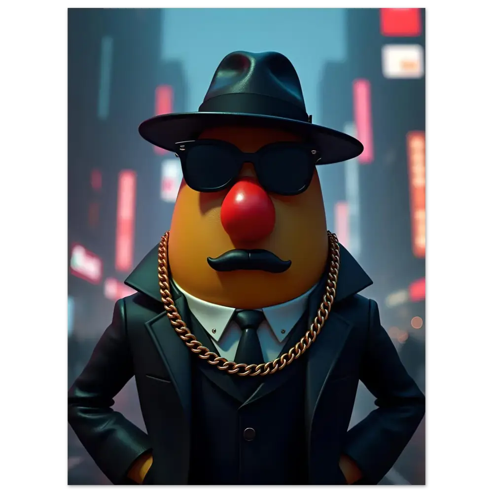 Potato Head Gangster Fine Art Poster from PixiOnyx featuring a stylish gangster potato character