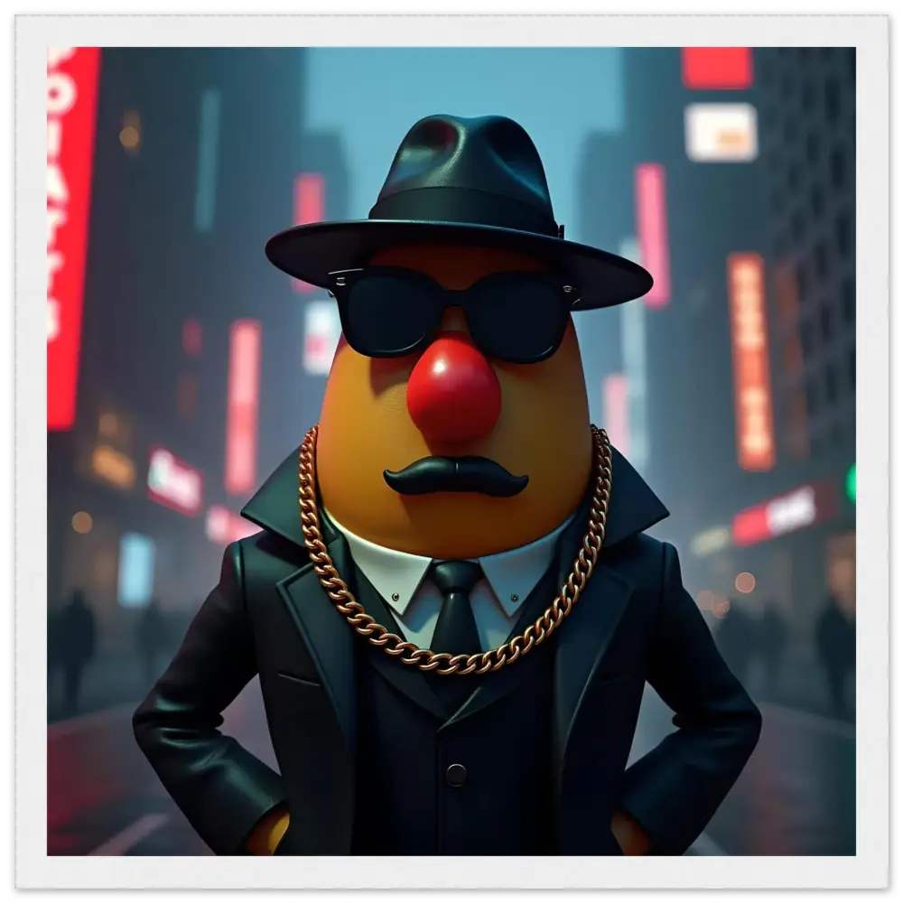 Gangster Mr Potato Head framed poster from PixiOnyx featuring a playful character art
