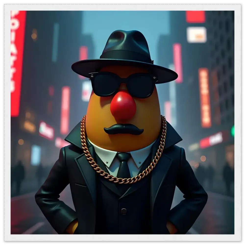 Gangster Mr Potato Head framed poster from PixiOnyx featuring a playful cartoon character