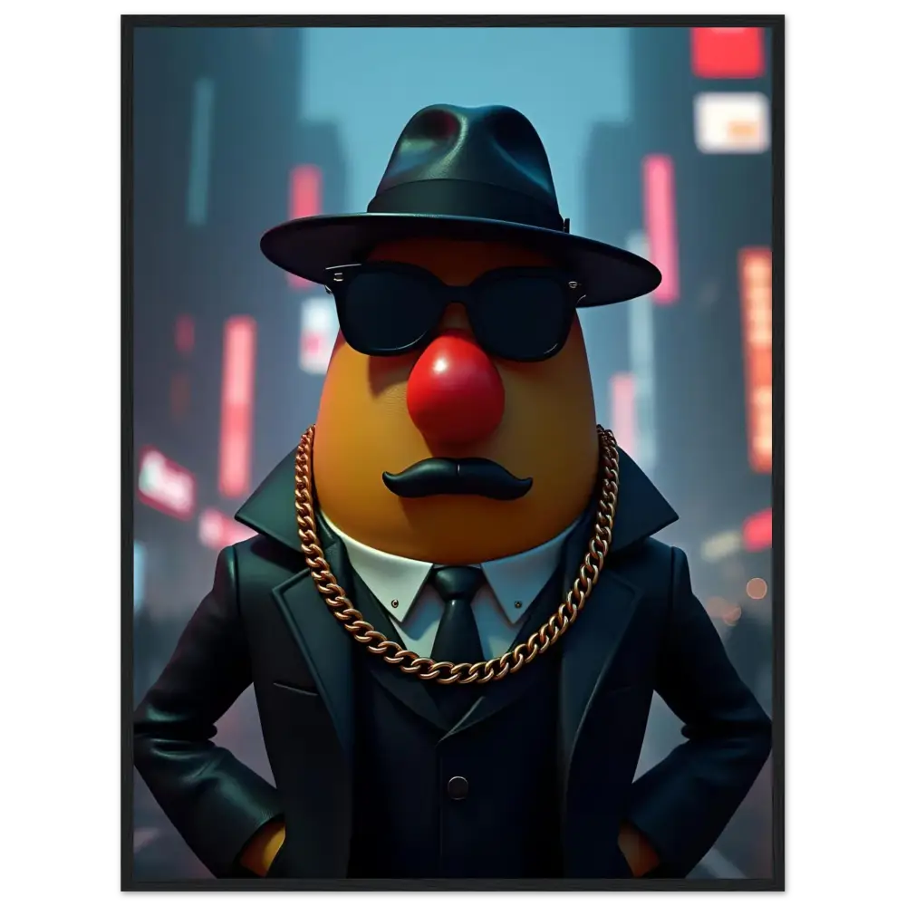 Gangster Potato Head framed poster from PixiOnyx featuring a quirky potato character with gangster style