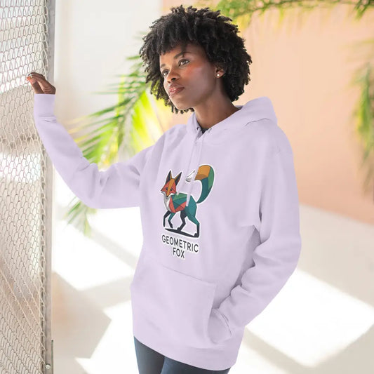 White pullover hoodie with colorful geometric fox graphic, machine wash max 30c, cozy outdoor wear