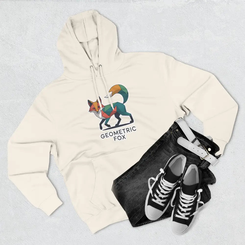 Cream-colored hooded sweatshirt with colorful geometric fox design, machine wash max 30c