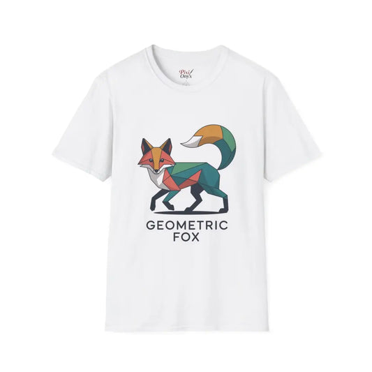 White unisex softstyle t-shirt with a colorful unique geometric fox design for Earth Day
