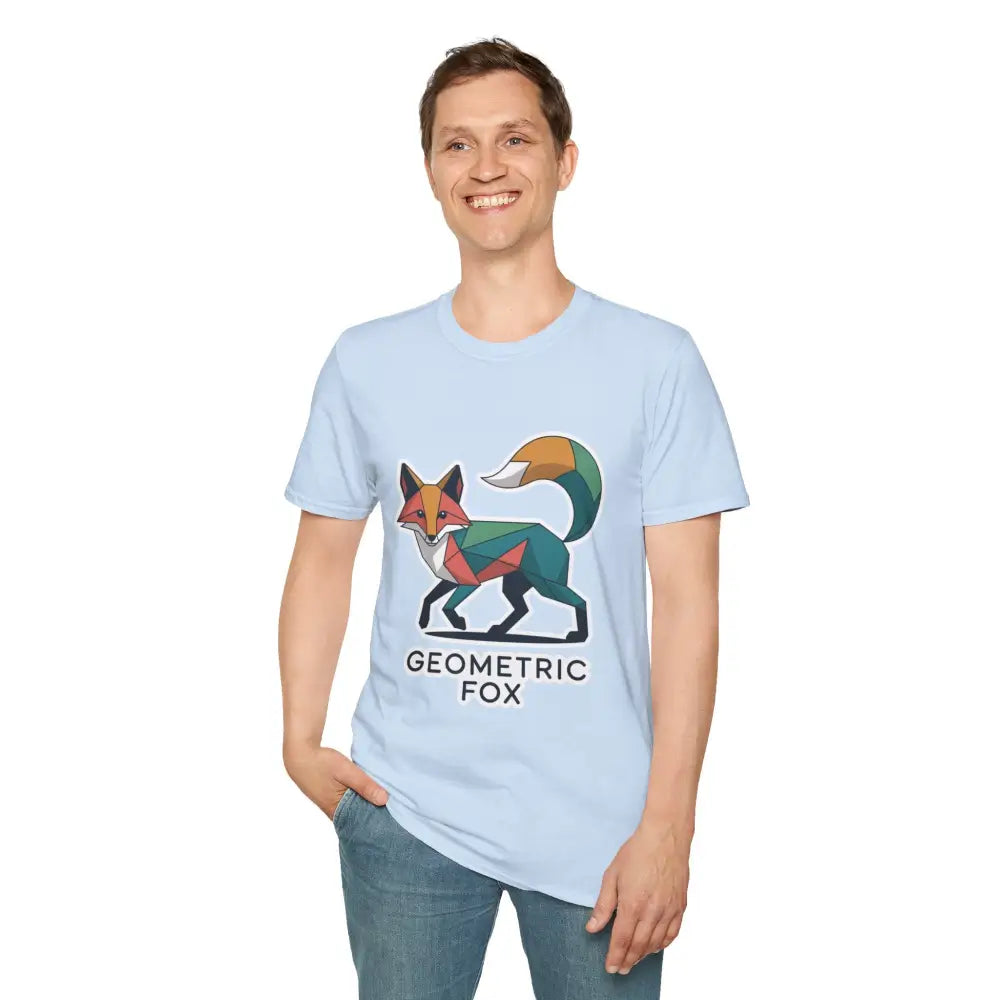 Smiling man wearing a colorful geometric fox design unisex softstyle t-shirt for Earth Day