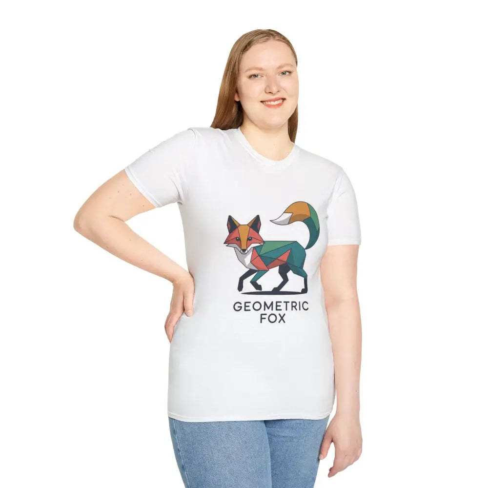 Woman wearing a white unisex softstyle t-shirt with a colorful unique geometric fox graphic for Earth Day