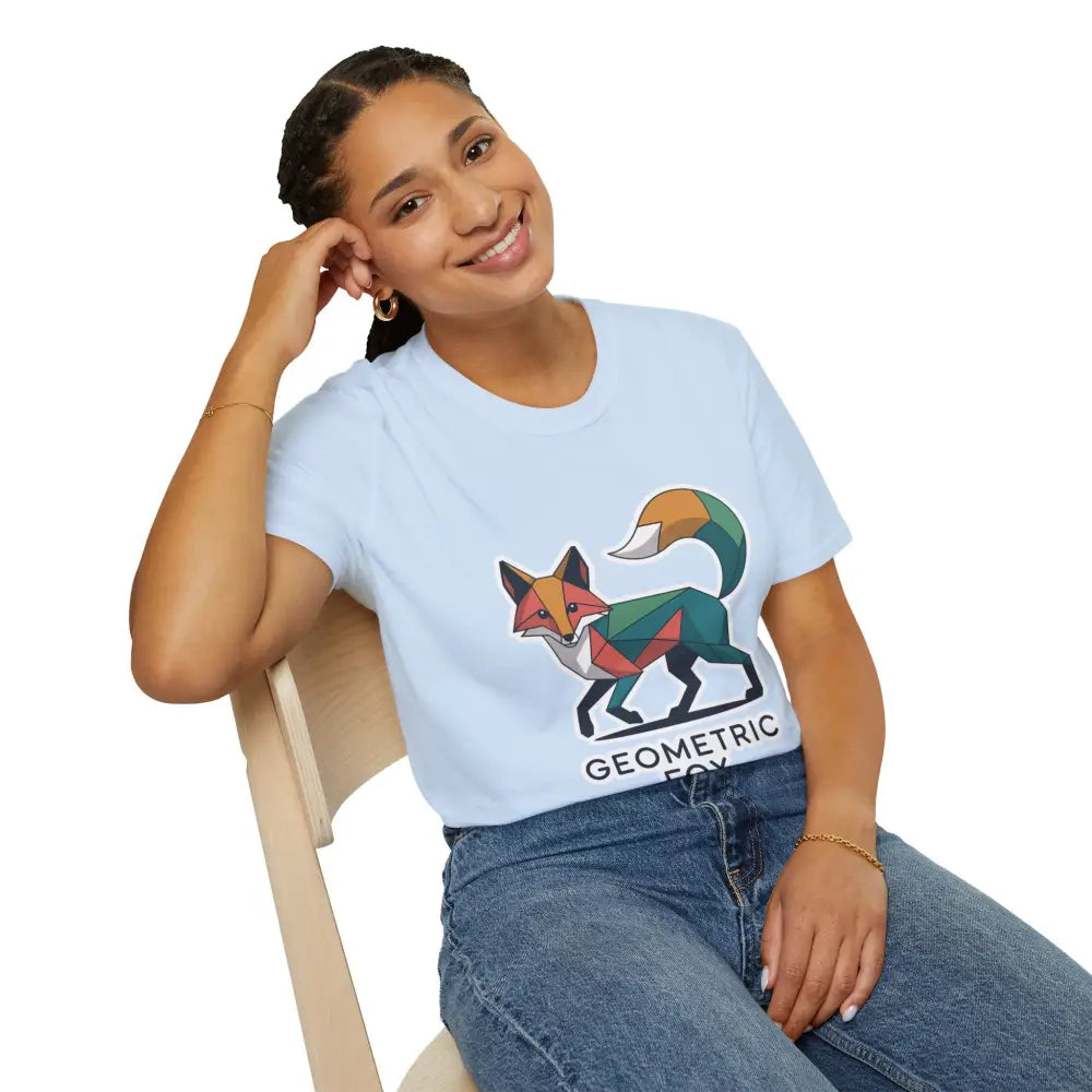 Woman in light blue unisex softstyle t-shirt with unique geometric fox design for Earth Day