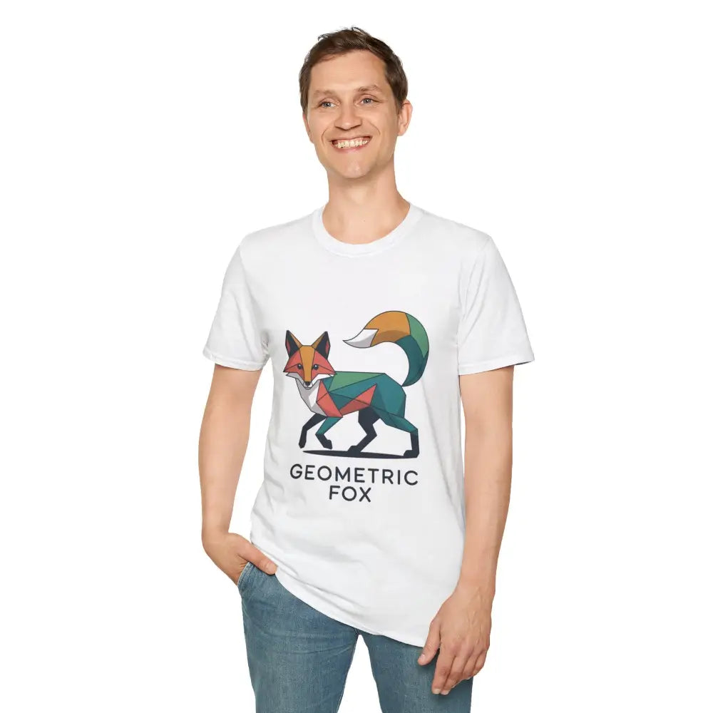 White unisex softstyle t-shirt with colorful unique geometric fox graphic for Earth Day