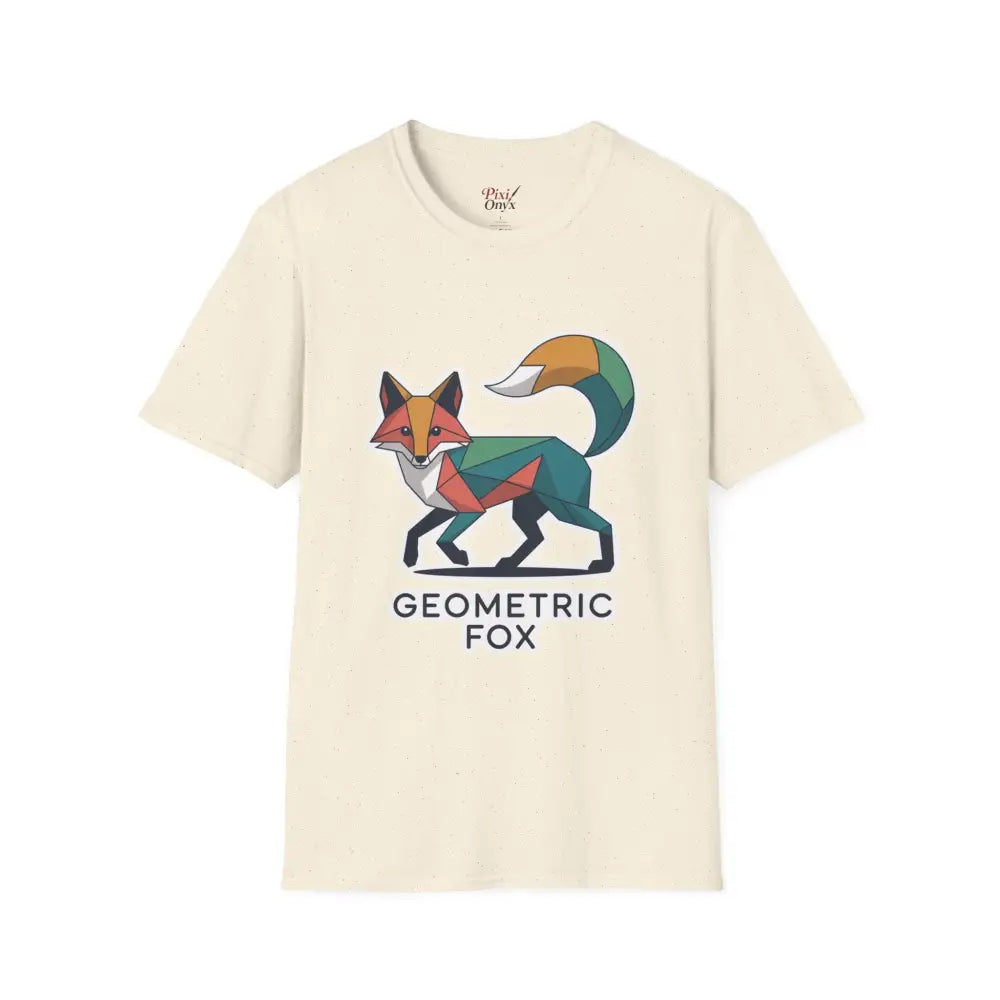 Cream-colored unisex softstyle t-shirt with a unique geometric fox design for Earth Day